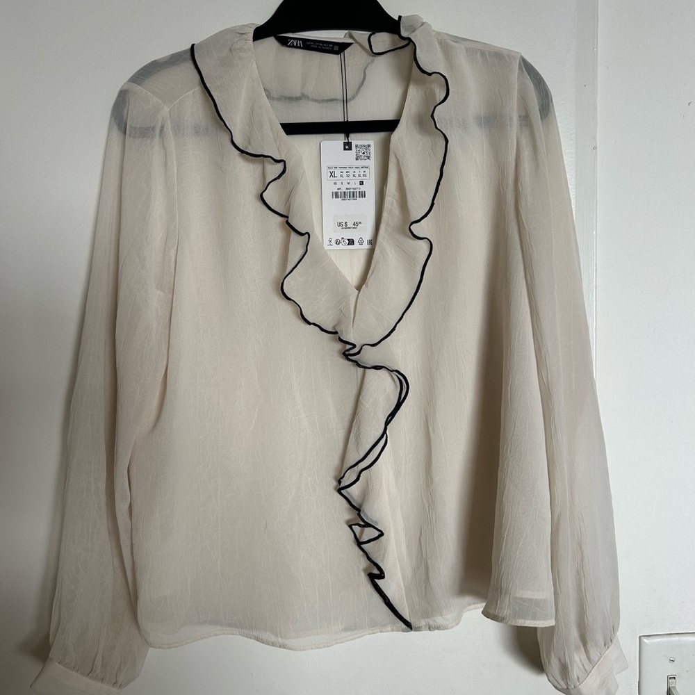 Zara Cream Blouse with Black Trim